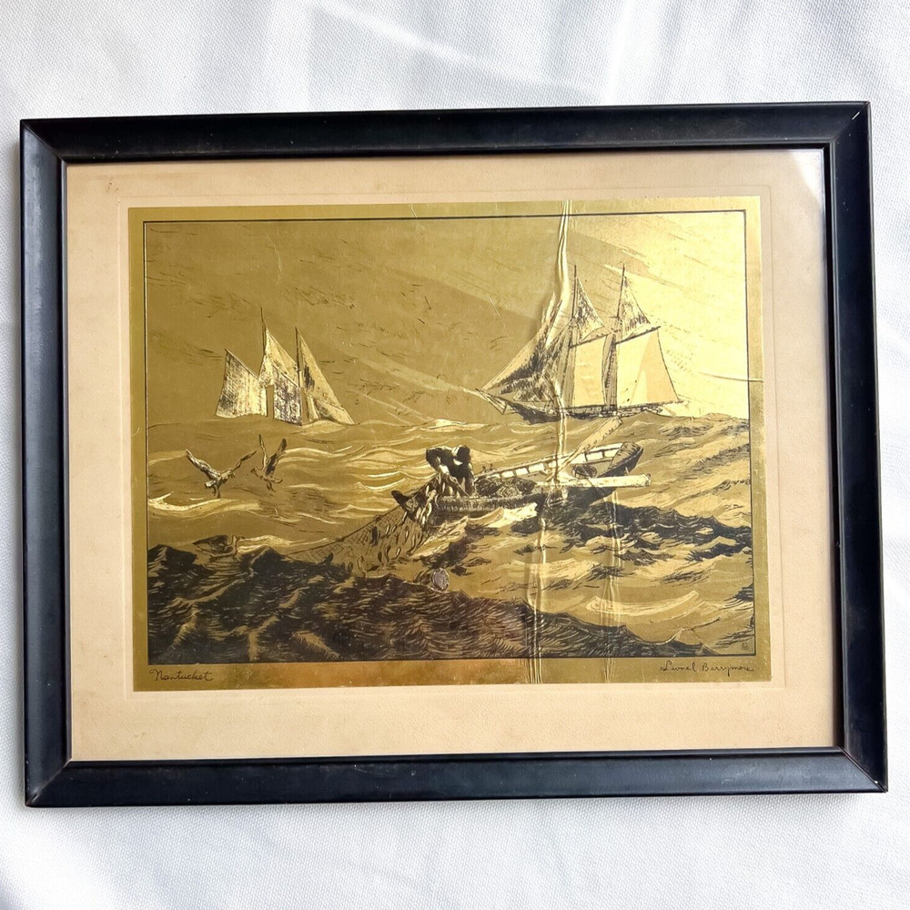 “NANTUCKET” Gold Foil Etching by Lionel Barrymore Black Frame Ready to Hang